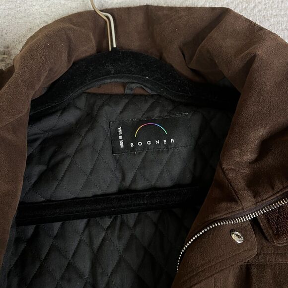Bogner Bomber Jacket Mens 36 Brown Faux Suede Vegan Quilted Lined Full Zip Snap - Picture 9 of 16